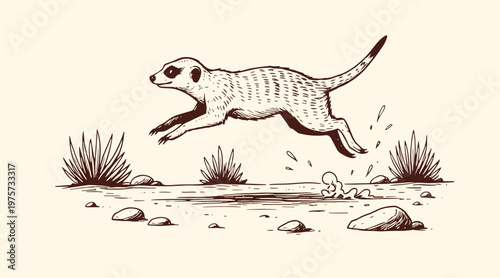 Hand drawn illustration of a meerkat jumping in the desert