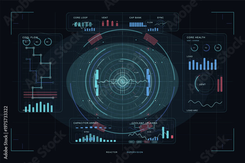 Futuristic digital dashboard interface with circular HUD elements, data charts, graphs, and technical diagrams on a dark background, resembling advanced reactor supervision controls.