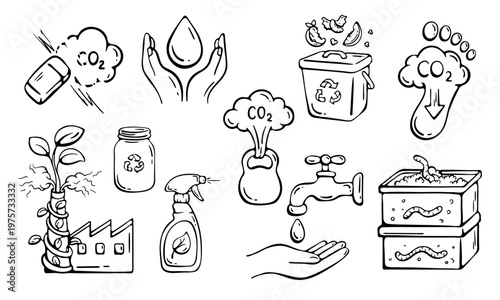 Carbon footprint reduction and waste management icon set. Hand drawn doodle illustration of ecological environment protection and zero waste lifestyle elements.