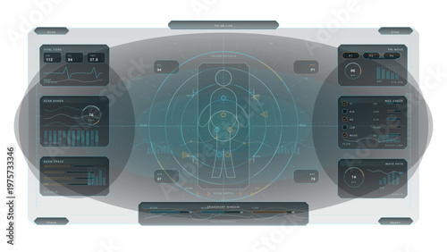Futuristic medical interface display featuring a digital human figure, vital statistics, scan data, and diagnostic charts in a high-tech, transparent HUD style.
