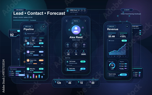 A user interface for a sales application. It includes sections for lead management, contact information, and revenue forecasting. Data is clearly arranged.