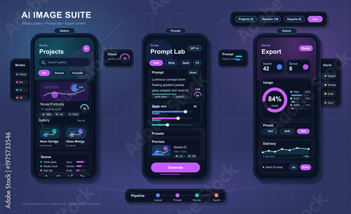 Futuristic dark-themed user interface dashboard for an AI image suite, displaying project gallery, prompt lab, and export control panels with analytics and controls.