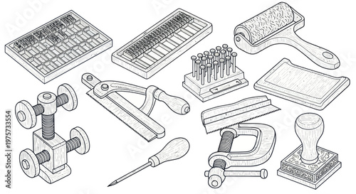 Collection of various metal stamping tools.