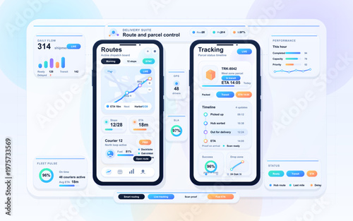 Modern dashboard interface showing route and parcel control with shipment tracking, delivery statistics, performance metrics, and real-time courier updates on mobile screens.