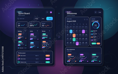 Modern dark-themed user interface dashboard for project management, featuring a kanban sprint board, calendar milestones, task progress, and release cycle tracking.