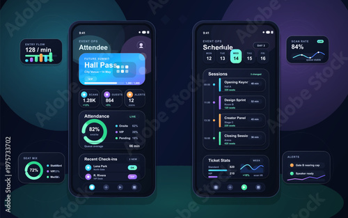 The screen shows a mobile app for event management. It displays attendee details, session schedules, and various statistics about attendance, tickets, and alerts for users.