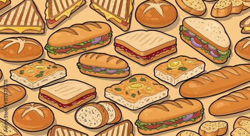 Variety of Sandwiches and Breads Displayed.