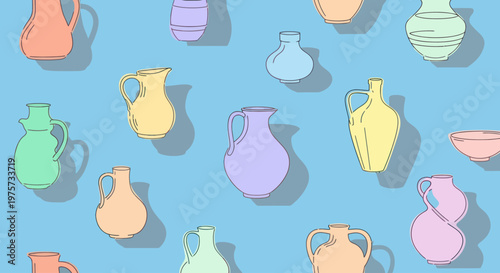 Colorful ancient clay pottery vessels.