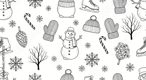Snowman in winter clothing scene.