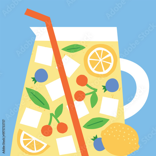 Vector illustration of homemade lemonade with fruits and ice, refreshing summer drink concept, modern flat style