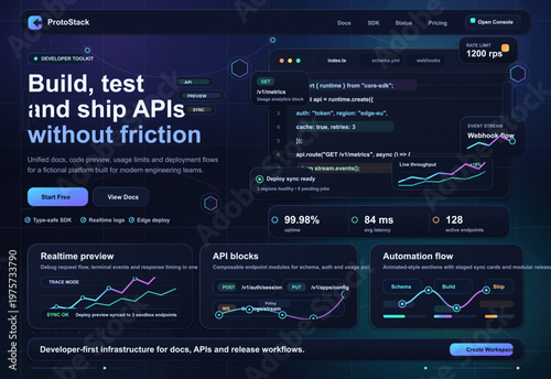 A screen shows a web platform called ProtoStack designed for developers. Users can see tools to build, test, and ship APIs and monitor performance. Key stats and options are visible.