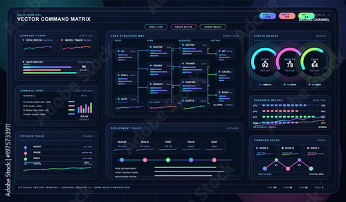 Futuristic user interface dashboard with neon elements displays system metrics, code structure, deployment stages, resource meters, and status gauges on a dark background.