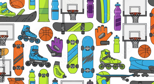 Colorful skateboard and sports equipment.