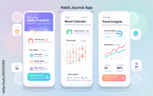 Modern habit journal app interface featuring daily check-in, mood calendar, and trend insights with colorful charts and progress tracking on three mobile screens.