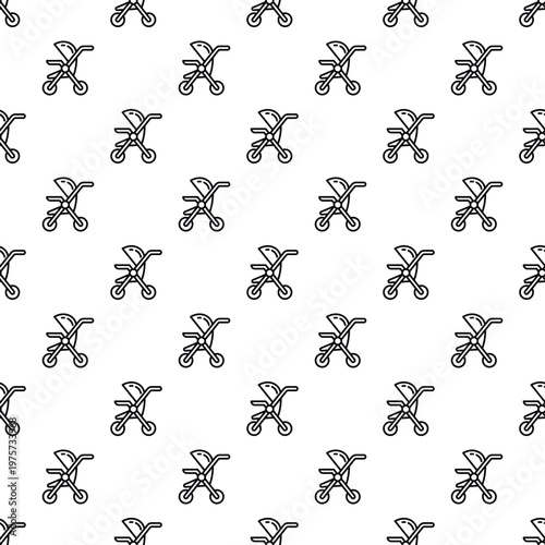 Stroller or pram line art icons creating a repeating pattern on white