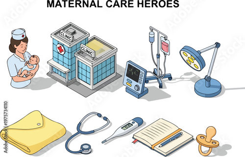 Maternal Care Heroes A Collection of Healthcare Icons Illustrating Childbirth and Neonatal Support