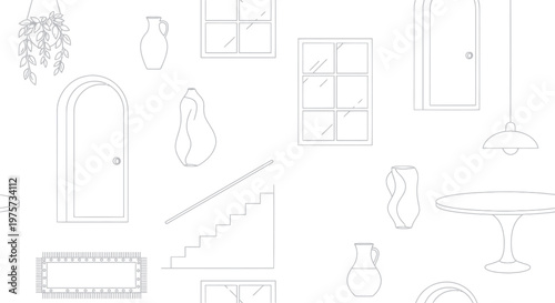 Line drawings of household furniture objects.