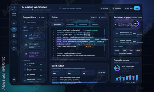 Futuristic AI-powered coding workspace interface featuring a code editor, snippet library, assistant suggestions, build output, and compile status with dark mode design.