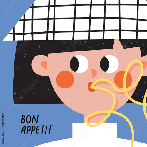 Vector illustration of cute chef character eating spaghetti, bon appetit concept, modern Scandinavian kids flat style