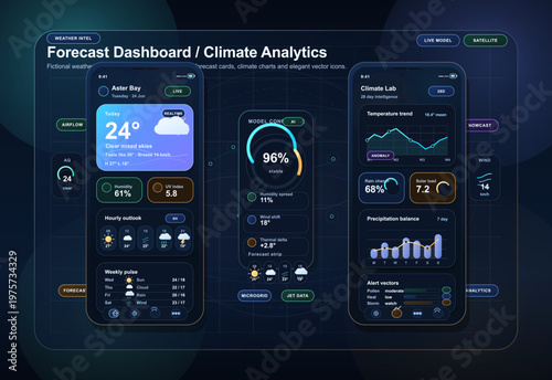 A climate analytics dashboard displaying weather details for Aster Bay. Users can see hourly updates, temperature changes, and precipitation levels.