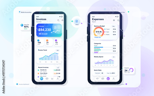 Modern mobile accounting dashboard interface showing invoices and expenses with financial analytics, charts, and statistics on two smartphone screens.