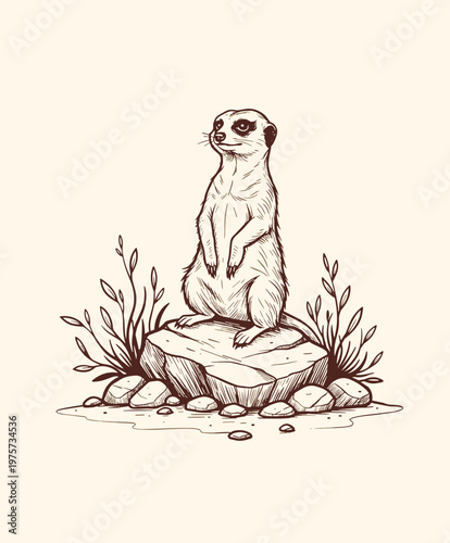Vintage Hand-Drawn Meerkat Illustration Standing on a Rock