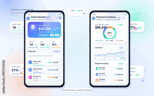 Modern mobile app interface showing a client dashboard and payment tracking system with analytics, invoice status, client list, and financial summaries in a clean, blue-themed design.