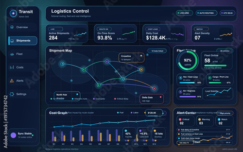 Futuristic logistics control dashboard interface displaying shipment statistics, fleet status, cost graphs, alert center, and a dynamic shipment map with data visualizations.