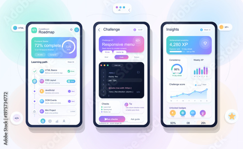 Modern UI design of a mobile coding education app displaying a learning roadmap, coding challenge interface, and achievement analytics with colorful gradients.