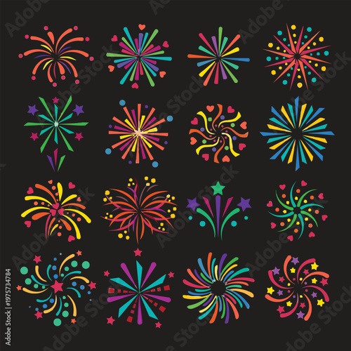 Colorful firework burst collection for holiday celebrations and festive events decoration.
