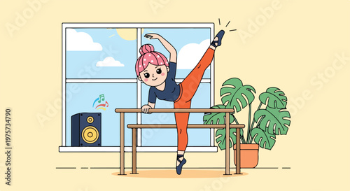 Young woman practicing yoga in a bright room with large window and indoor plants for relaxation and fitness