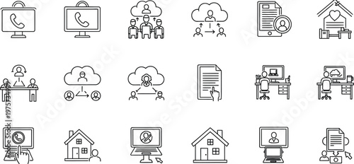 Set of 15 work from home and communication line icons on a transparent background.