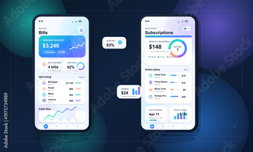 Modern digital illustration of two smartphone screens displaying a personal finance app interface for tracking bills, subscriptions, cash flow, and savings insights.