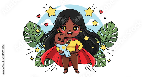 Cute cartoon girl dressed as a superhero with a cape and a small dog, surrounded by stars and leaves, in a playful