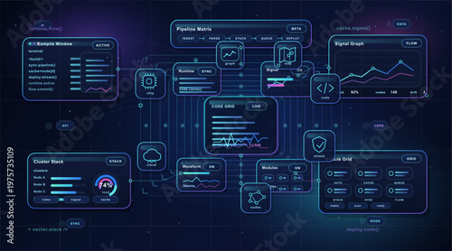 Futuristic user interface dashboard with interconnected data panels, code snippets, graphs, and cloud computing icons on a dark digital background.