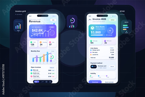Modern UI kit design for a mobile invoicing and revenue tracking app, featuring two smartphone screens with colorful charts, payment details, and financial analytics.