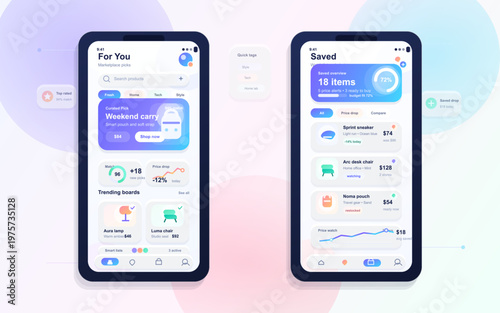 Two mobile screens show an app displaying a shopping interface. The first screen highlights features like trending products and promotions. The second screen shows saved items with prices and stats.