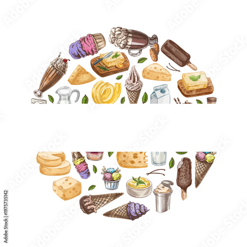 Hand drawn vintage sketch dairy and dessert border with milk cheese butter ice cream top bottom template illustration