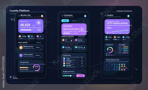 Foto Modern loyalty platform dashboard UI with three mobile screens displaying member rewards, campaign management, and engagement analytics in a dark theme