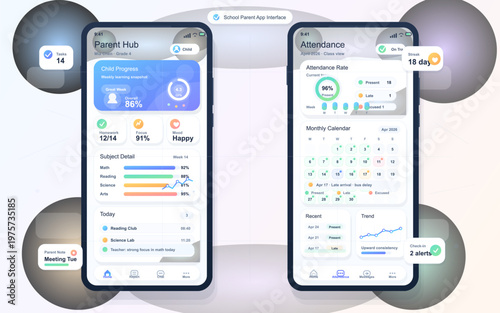 Modern school parent app interface displayed on two smartphones, showing student progress, attendance tracking, calendar, tasks, and notifications in a clean dashboard layout.