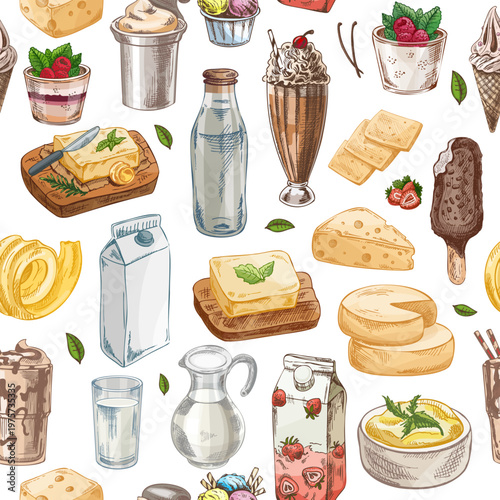 Hand drawn vintage seamless pattern with dairy products milk cheese butter desserts food illustration design background texture