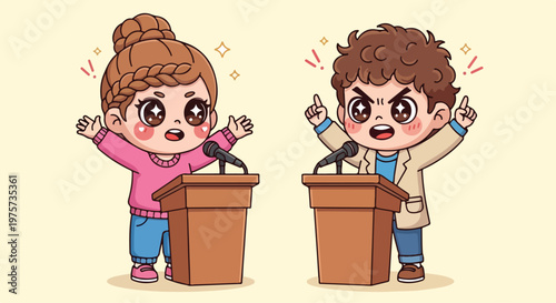Cute cartoon children standing behind podiums with excited expressions, engaging in a playful activity or debate