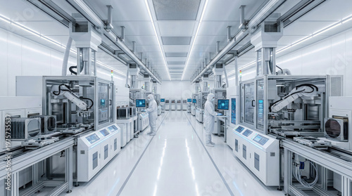 Semiconductor factory modern white production concept. Futuristic automated laboratory with robotic machinery