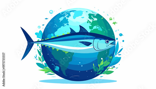 Magnificent tuna fish gracefully traversing a vivid Earth globe, an emblematic representation of marine life, ocean conservation, and the delicate harmony of global aquatic environments