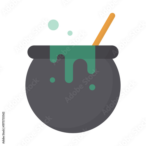 Magic black cast iron cauldron pot with fire and gold isolated on white background for Halloween witch potion or Saint Patrick holiday celebration cartoon vector illustration