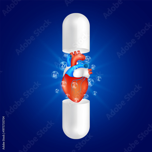 Model the human heart is floating in open capsule. Surrounded by bubble Omega 3 Zinc Coenzyme Q10 Vitamin K. Supplement essential for organ. Health care medical. Vector.