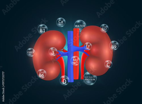 Essential nutrients for heart human. Kidney organ surrounded with bubble translucent Minerals Calcium Iron Magnesium Vitamins B9 B6 and Water. Supplement for healthy. Health care medical. Vector.