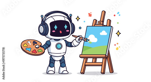 Cute robot artist wearing headphones and holding a paint palette while creating a landscape painting on an easel