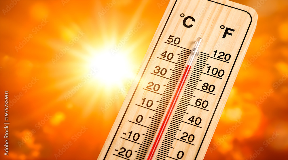 Obraz premium Thermometer showing high temperature against a bright, sunny sky, indicating a heatwave.