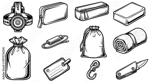 Collection of outdoor gear equipment tools.